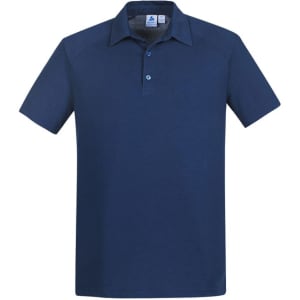 A navy blue short sleeve polo shirt featuring a collar and a logo.