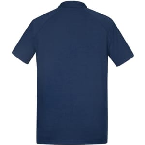 A navy blue men's short sleeve polo shirt with a branded logo on the back.