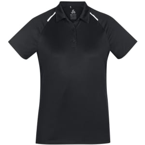 A black women's polo shirt with short sleeves and white detailing, featuring a logo on the chest.