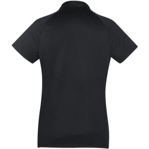 A short sleeve polo shirt in black with a collar and a logo on the design.