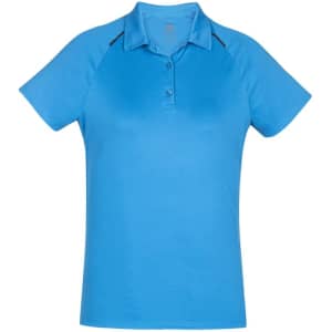 A women's short sleeve polo shirt in vibrant blue, featuring a collar and buttons, with a logo on the chest.