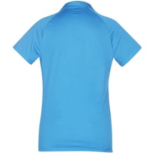 A short sleeve polo shirt in a bright blue colour, featuring a collar and a logo on the back.