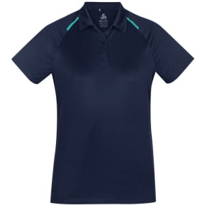 A navy short sleeve polo shirt with contrast green detailing and a logo on the chest.