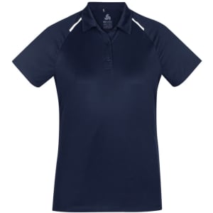 A navy women's polo shirt with short sleeves and a contrasting design, featuring a logo on the chest.