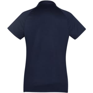A navy women's short sleeve polo shirt with a classic collar and a logo on the front.