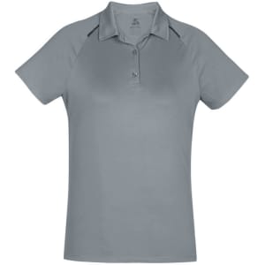 A women's short sleeve polo shirt in a soft grey colour, featuring a collar and a logo.