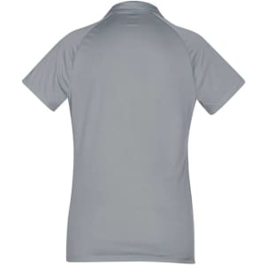 A women's short sleeve polo shirt in a soft grey colour with a collar and a logo.