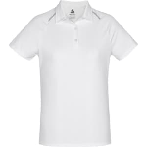 A women's short sleeve polo shirt in white with a subtle branding logo.
