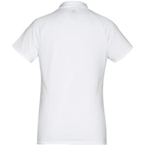 A white women's short sleeve polo shirt with a plain back and a logo on the neckline.