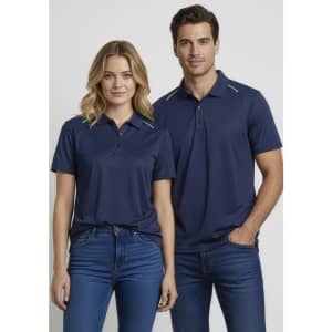 A navy blue short sleeve polo shirt featuring a logo, displayed on both a male and female model.