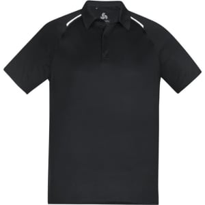 A black men's short sleeve polo shirt featuring shoulder accents and a logo.