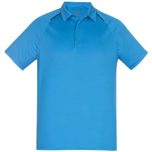 A blue men's short sleeve polo shirt featuring a collar and contrast detail, with a logo on the chest.