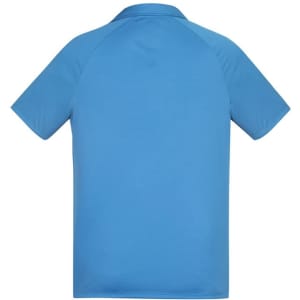 A short sleeve polo shirt in bright blue with a smooth finish and a logo on the back.