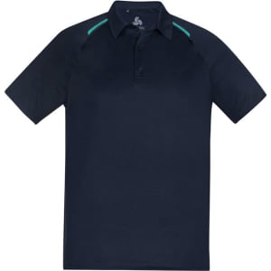 A navy short sleeve polo shirt featuring contrasting green accents and a logo on the chest.
