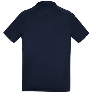 A navy short sleeve polo shirt with a standard collar and a logo on the chest. Suitable for casual wear.