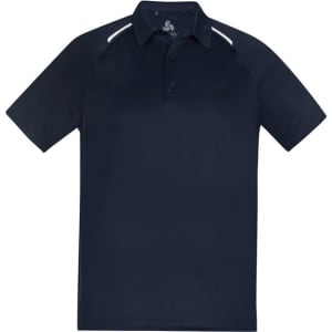 A navy blue short sleeve polo shirt featuring a logo and contrasting trim.