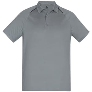 A short sleeve polo shirt in a light grey colour, featuring a collar and a logo.