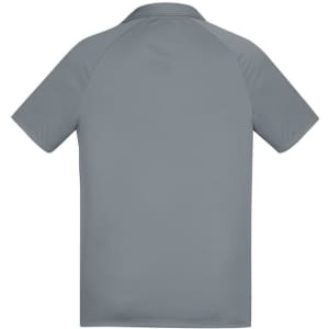 A grey short sleeve polo shirt with a classic collar and a branded logo on the back.