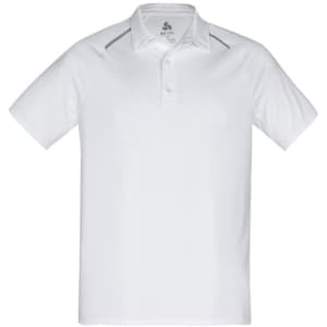 A white polo shirt with short sleeves and a subtle logo on the front.