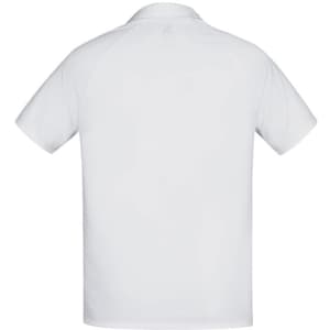 A white short sleeve polo shirt with a back view, featuring a logo. Ideal for casual wear.