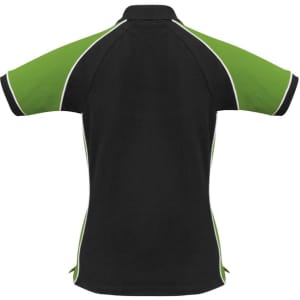 A women's polo shirt in black with green sleeves and white accents, featuring a logo on the chest.