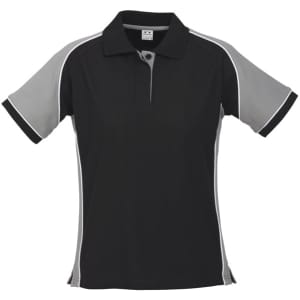 A black and grey women's polo shirt featuring short sleeves and a collar, with a branding logo.