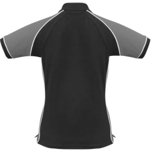 A black women's polo shirt features grey accents and a logo. The design includes short sleeves and a collar.