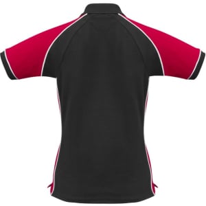 A women's short sleeve polo in black with red and white accents. Features a logo on the front.
