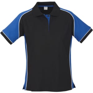 A short sleeve polo shirt in black and blue with a simple design and a logo on the chest area.