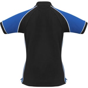 A black and blue women's polo shirt with a contrasting design and a logo on the front.