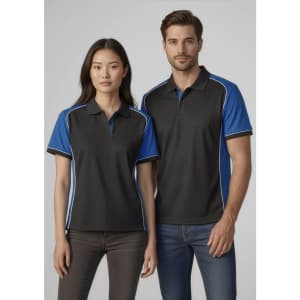 A black and blue women's short sleeve polo shirt with contrasting white accents and a logo.