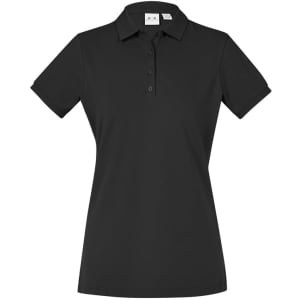 A black women's short sleeve polo shirt with a collar and a logo on the chest.