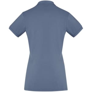 A women's short sleeve polo shirt in a soft blue colour with a simple design and a collar. It has a logo.