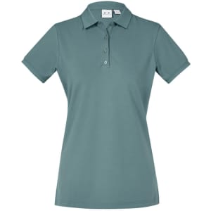 A women's short sleeve polo shirt in a teal colour, featuring a collar and buttons. It has a logo on the chest.