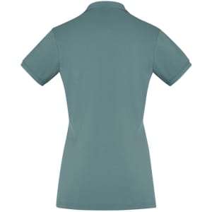 A back view of a women's short sleeve polo shirt in a teal colour, featuring a collar and fitted style.