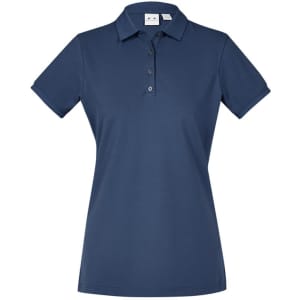 A navy women's short sleeve polo shirt with a collared design and button placket, featuring a logo.