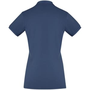 A women's city short sleeve polo shirt in navy blue, featuring a branded logo. Back view.