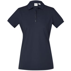 A women's short sleeve polo shirt in navy blue, featuring a collar and buttons, with a logo on the chest.