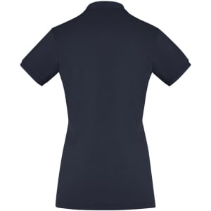 A navy women's short sleeve polo shirt with a fitted design and a collar. Features a logo.