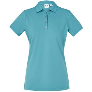 A short sleeve polo shirt in teal with a collar and buttons, featuring a logo.