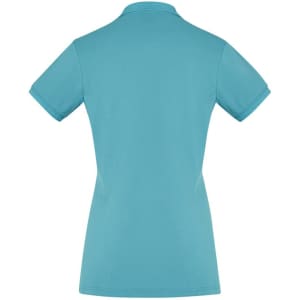 A women's short sleeve polo shirt in a bright turquoise colour, featuring a simple design and a collar.