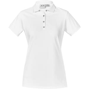 A white women's short sleeve polo shirt with a button-up collar and a logo.