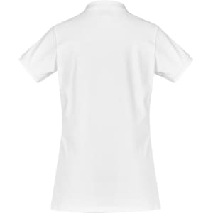 A women's short sleeve polo shirt in white, featuring a classic polo collar and a back view.