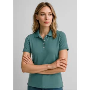 A women's short sleeve polo shirt in teal, featuring a collar and a logo on the chest.