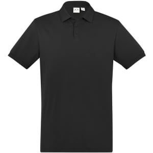 A black short sleeve polo shirt with a collar, featuring a logo on the chest. Suitable for casual wear.