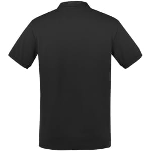 A black men's short sleeve polo shirt with a classic collar and an understated design. It features a logo on the chest.
