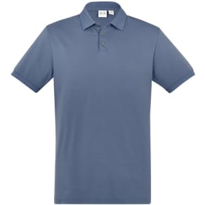 A short sleeve polo shirt in a soft blue colour, featuring a collar and three buttons, with a brand logo present.