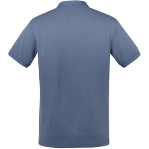 A blue short sleeve polo shirt featuring a classic collar and a small logo on the back.