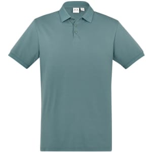 A green short sleeve polo shirt with a collar and three buttons, featuring a logo on the chest area.