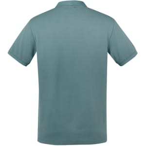 A polo shirt in a soft green hue, featuring a classic collar and short sleeves, with a logo on the front.
